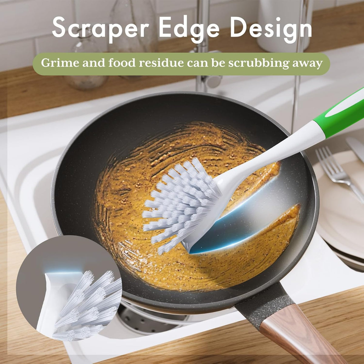 Amazer Dish Brush with Handle, 2 Pack Kitchen Scrub Brushes for Cleaning, Dish Scrubber with Stiff Bristles for Sink, Pots, Pans