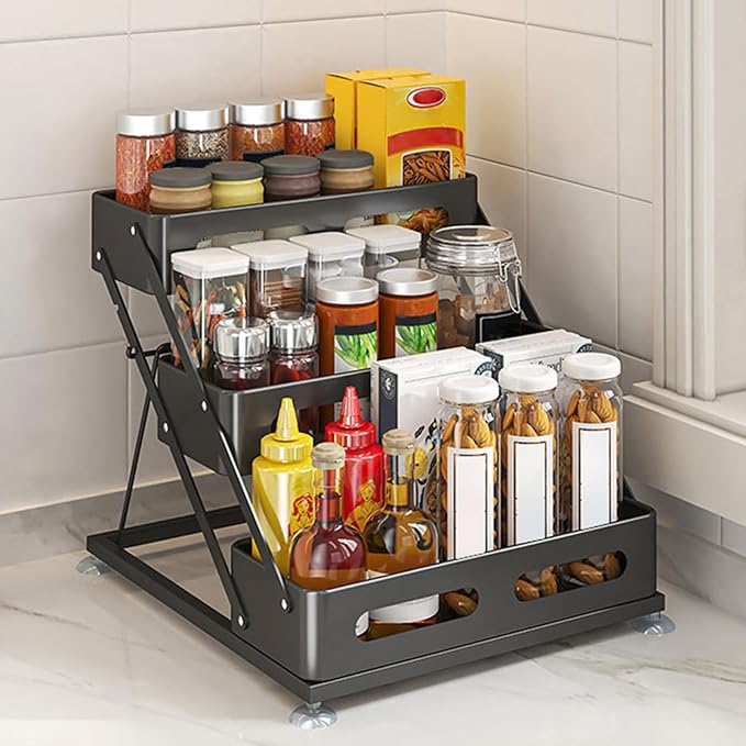 Ceetug 3 Tier Foldable Spice Rack for Countertop Iron Kitchen Seasoning Organizer for Cabinet, Black