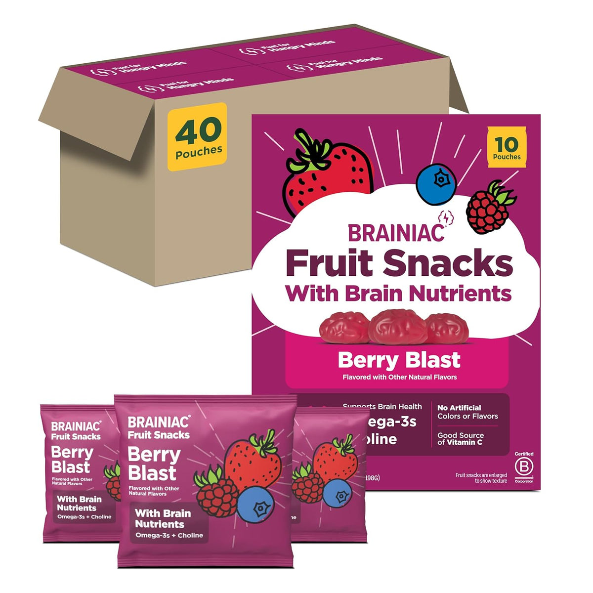 Brainiac Fruit Snacks, Brain Boosting Patented BrainPack Ingredients with Omega-3s DHA/EPA and Choline, Functional & Nutritious Snacks for toddlers and kids, Mixed Fruit, 40 count