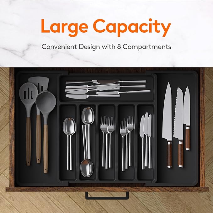 Lifewit Large Silverware Drawer Organizer, Expandable Utensil Tray for Kitchen, BPA Free Flatware and Cutlery Holder, Adjustable Plastic Storage for Spoons Forks Knives, Large, Black