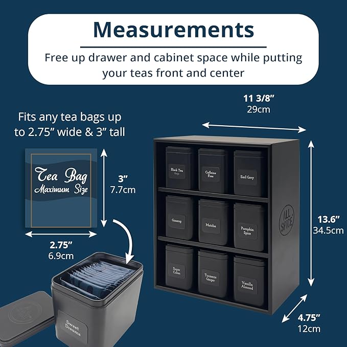 AllSpice Tea Organizer Rack with 9 Tins & 160 Magnetic Labels – Perfect for Bagged & Loose Leaf Tea Organization - Black