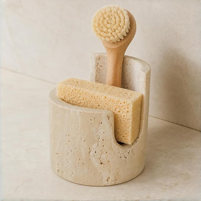 Natural Travertine Sponge Holder for Kitchen Sink – Solid Stone Cylinder Sponge Caddy with Dual-Height Cut-Out, Compact Countertop Sink Organizer & Modern Home Décor