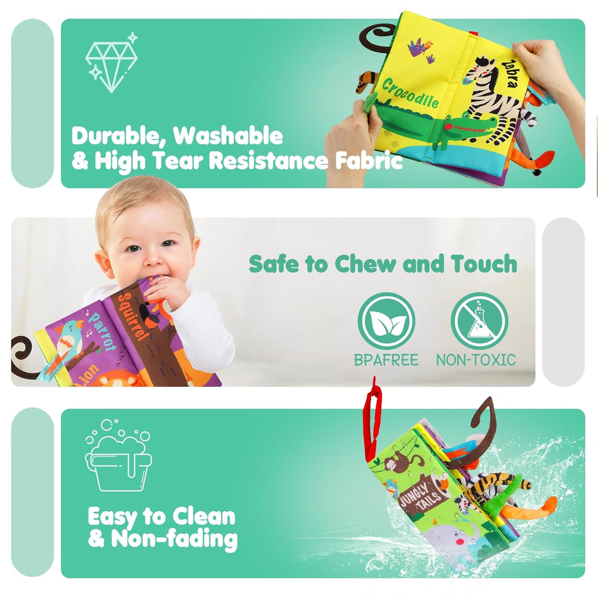 beiens Baby Books Toys, Touch and Feel Crinkle Cloth Book for Infant Baby 0-3-6-12-18 Months, Early Development Interactive Stroller Soft Toys, Newborn Gifts for Boys Girls