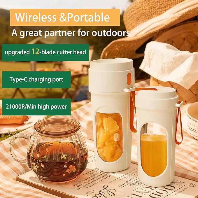 Portable Blender Cup, 15oz Mini Juicer, Shake and Smoothie Maker, Upgraded 2 Lids (Juicing & Drinking), 12 Blades, Usb Rechargeable Blender for Camping/Travel/College dorm (Orange)