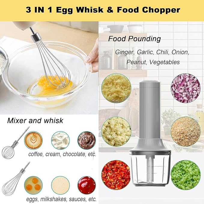 Electric Hand Mixer with Whisk, Handheld Electric Whisk, Hand Blender Set for Mini Food Processor, Rechargeable Cordless Handheld Mixer, Small Food Chopper for Dicing, Mincing, and Puree, 4-Speed,10Oz