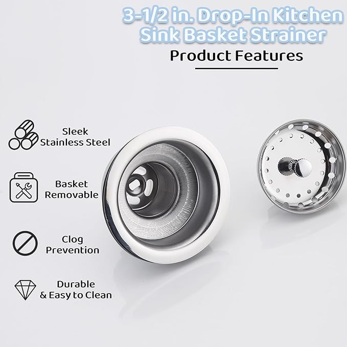 Kitchen Sink Basket for Moen 22036 Collection, 3-1/2 Inch Sink Drain Stopper Plug, Kitchen Sink Stainless Steel Basket Strainer with Drain Assembly, Stainless