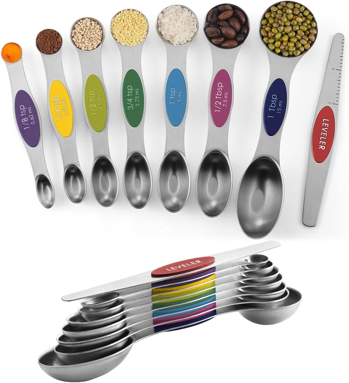 ChefAide Pack of 8 Stainless Steel Magnetic Measuring Spoons Set, Dual Sided, Stackable, Adjustable Teaspoon and Tablespoon Measure Spoon with Leveler, Kitchen Gadgets