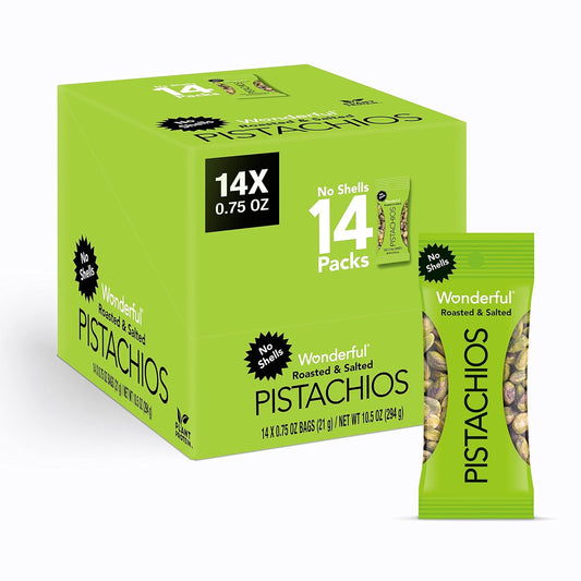 Wonderful Pistachios No Shells, Roasted & Salted Nuts, 0.75 Ounce Bag (Pack of 14), Protein Snacks, Vegan Snacks, On-the-Go, Individual Snacks for Adults