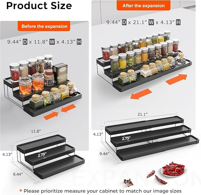 Expandable Spice Rack Organizer - 3 Tier Adjustable Spice Organizer for Cabinet & Countertop - Easy Visibility - Black