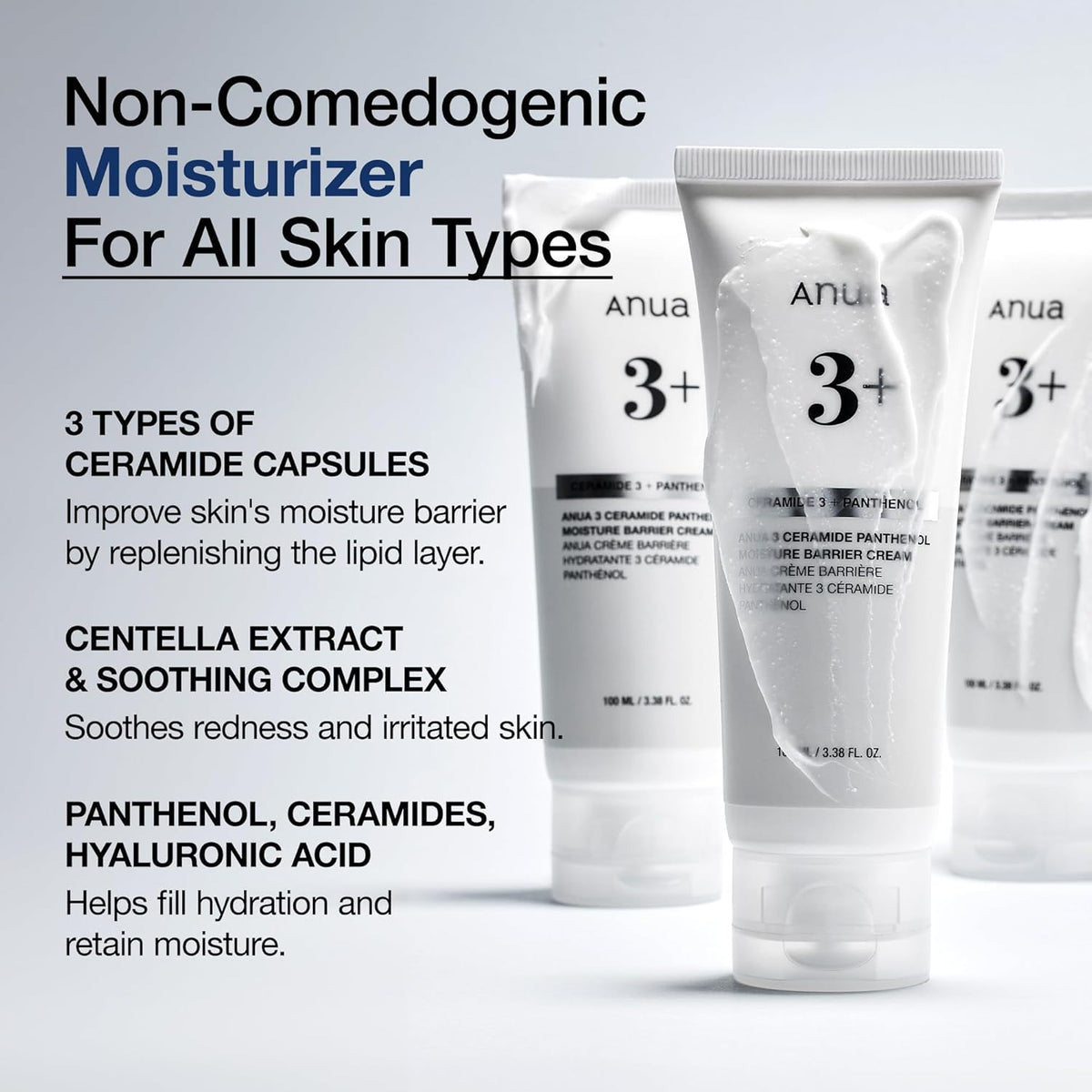 ANUA 3 Ceramide Panthenol Moisture Barrier Cream, Hydrating Face Moisturizer for Normal Skin, Panthenol, Ceramide, Centella for Skin Barrier Non Comedogenic, Korean Skincare (100ml/ 3.38 fl. oz.)