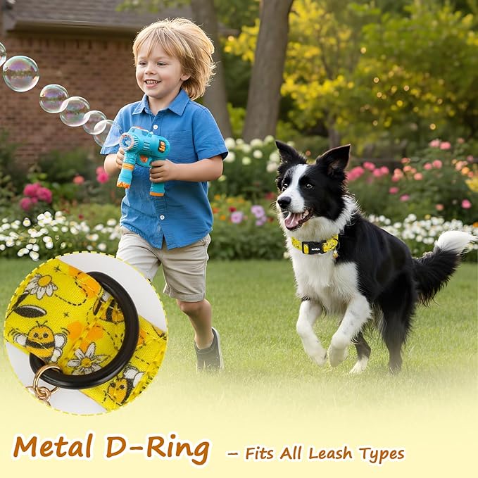 Yellow Dog Collar for Medium Dogs, Spring & Summer Theme Medium Dog Collars Featuring Bee Pollinating White Flowers Pattern, Adjustable Cotton Collar for Girl Boy Dogs -M