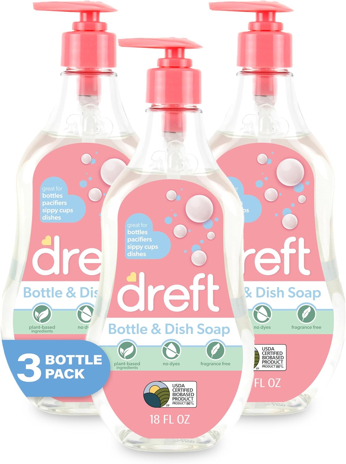 DREFT Bottle and Dish Soap | Made to Clean Baby Bottles, Sippy Cups, Pacifiers, Breast Pumps, & More | Gently Removes Milk Film & Odors | Plant Based, Fragrance Free Dish Soap | 18 Fl Oz (Pack of 3)