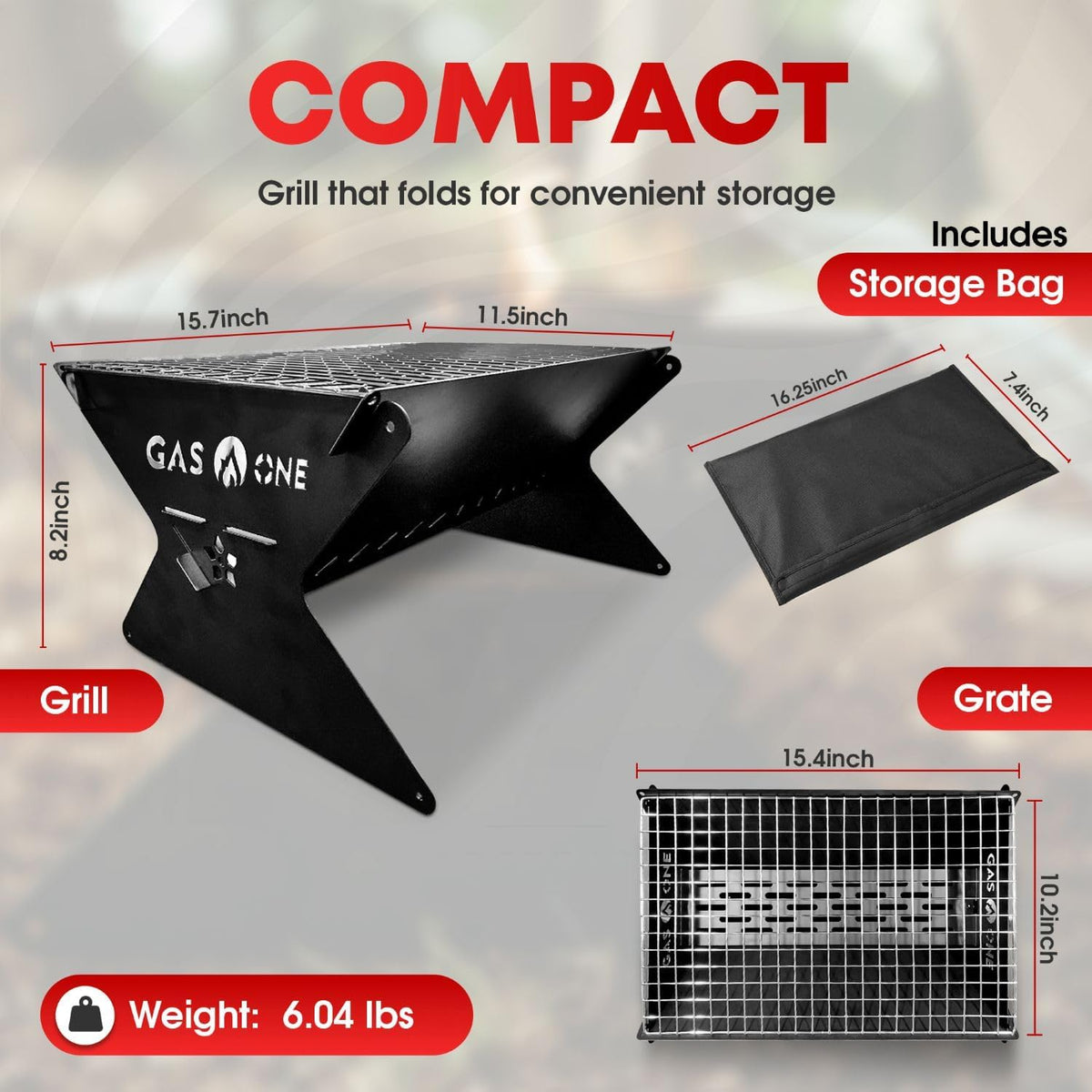 GasOne 15” Portable Charcoal Grill – Foldable BBQ Grill – Camping Grills for Backyard, Bonfire, Patio – Heavy-Duty Portable Fire Pit – Camp Cooking Gear