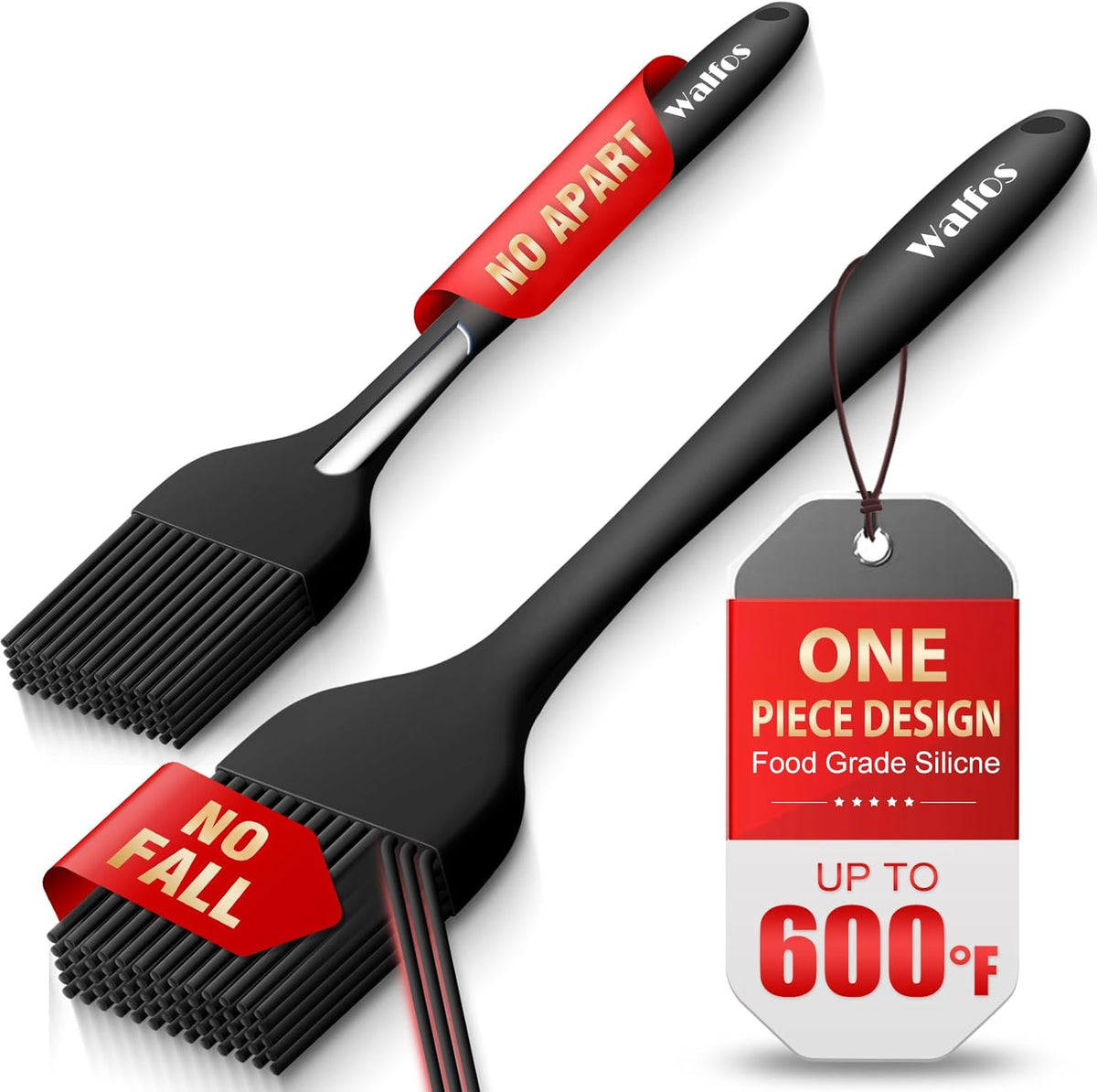Walfos 600°F Heat Resistant Silicone Basting Brushes BPA Free Pastry Brush, Spread Oil Butter Sauce for BBQ Grill Baking Kitchen Cooking, Dishwasher Safe (2 SIZE)