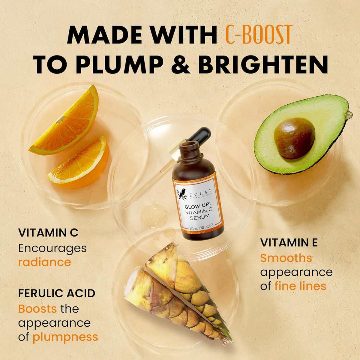 Eclat Skincare Vitamin C Serum - Skin Care for Dark Spots, Vitamin C Serum for Face with Hyaluronic Acid, Ferulic Acid, & Vit E - Anti Aging and Skin Brightening Vit C Formula for Face Care 1 Fl Oz