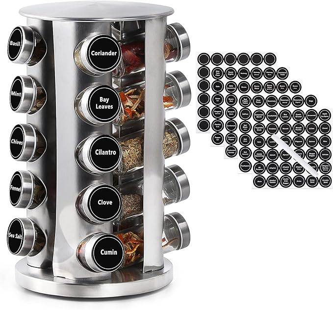 DOUBLE 2 C Revolving Spice Rack with 20 Jars, Rotating Spice Rack Organizer, Seasoning Organizer with Labels, Stainless Steel Spice Carousel for Kitchen Countertop, Cabinet