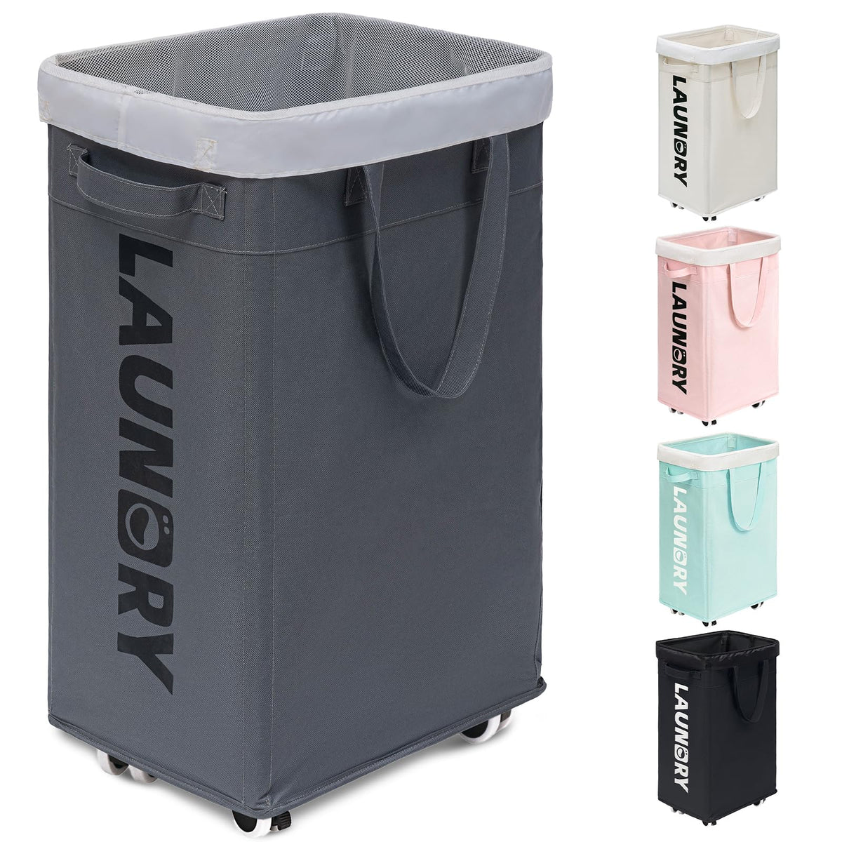 Goodpick Laundry Basket with Wheels, Laundry Hamper with Removable Wash Bag, Clothes Hamper, Rolling Laundry Basket, Dorm Room Essentials, 75L, Grey