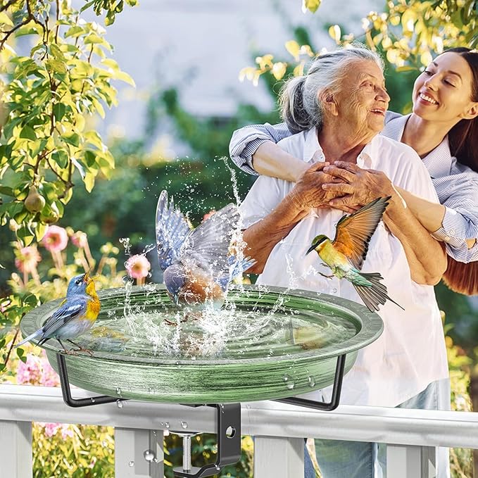 Deck Mounted Bird Bath for Outside, Detachable Birdbath Bowl with Sturdy Clamp, Outdoor Bird Baths Bowl for Attracting Birds Garden Yard Decor (Retro Green)