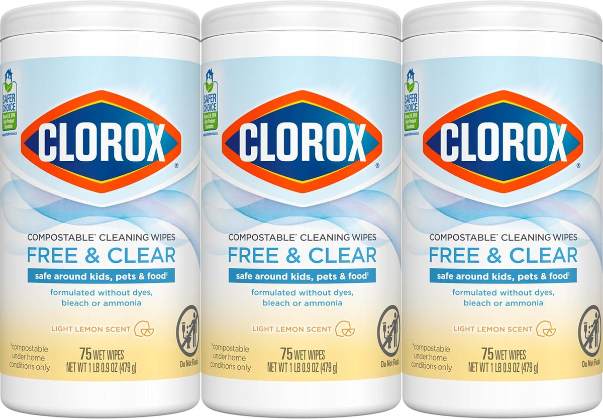 Clorox Free & Clear Cleaning Wipes, Light Lemon Scent, 75 Count, Pack of 3 (Pack May Vary)