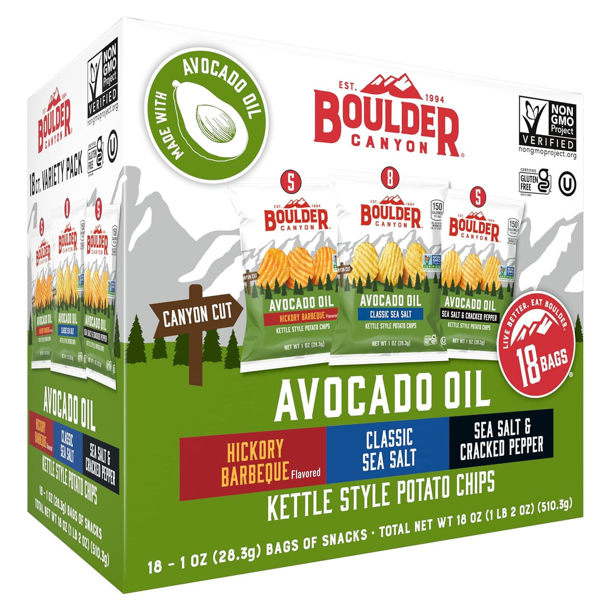 Boulder Canyon Avocado Oil Kettle Style Potato Chips Variety Pack, 18 Count - Gluten-Free, Non-GMO, Hickory Barbecue, Classic Sea Salt, Sea Salt & Cracked Pepper (1 oz Bags)