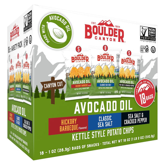 Boulder Canyon Avocado Oil Kettle Style Potato Chips Variety Pack, 18 Count - Gluten-Free, Non-GMO, Hickory Barbecue, Classic Sea Salt, Sea Salt & Cracked Pepper (1 oz Bags)
