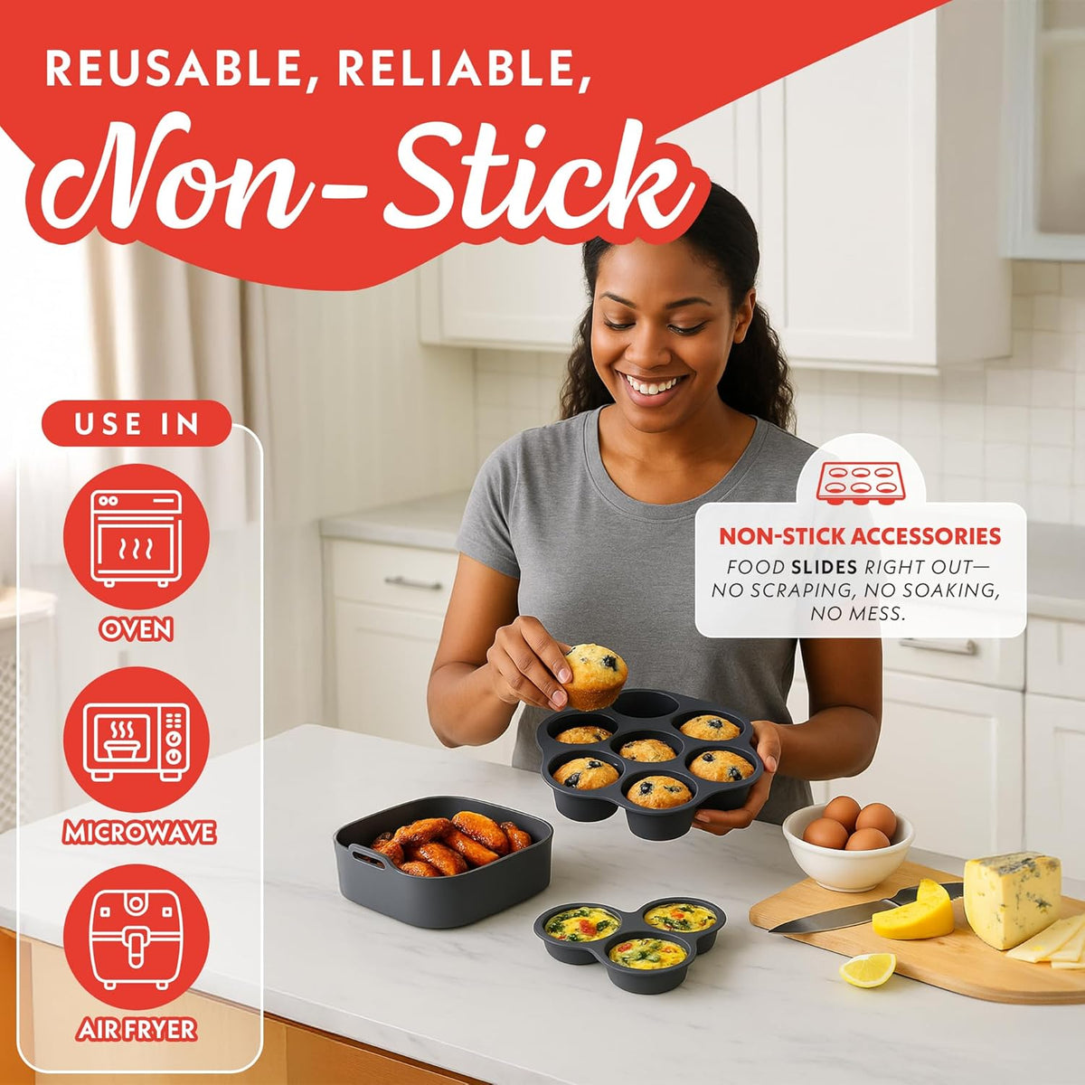 Gourmia Air Fryer Accessories Set - 3 Piece Silicone, Liner, Egg Bite Cooker, 7-Hole Cupcake Mold, BPA-Free, Nonstick, Heat Resistant 445°F, Dishwasher Safe, Food Grade