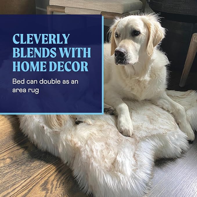 PupRug Orthopedic Dog Bed for Large Dogs with Fluffy Soft Faux Fur and Memory Foam for Joint Pain Relief, Machine Washable and Waterproof Couch Bed, White with Brown Accents, Large/Extra Large