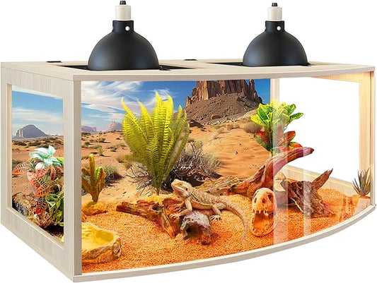 PROLEE Bearded Dragon Tank, Curved Reptile Enclosure with 3-Side Clear Acrylic Panels, Spacious Lizard Tank with Metal Mesh Top and Lockable Door for Reptile Habitat (Oak, 40" Length,60 Gallons)
