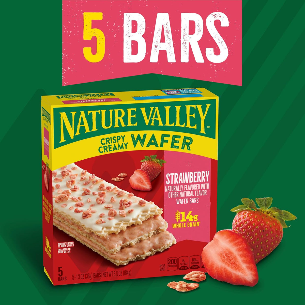 Nature Valley Crispy Creamy Wafer Bars, Strawberry, Whole Grain, 5 Bars, 6.5 oz