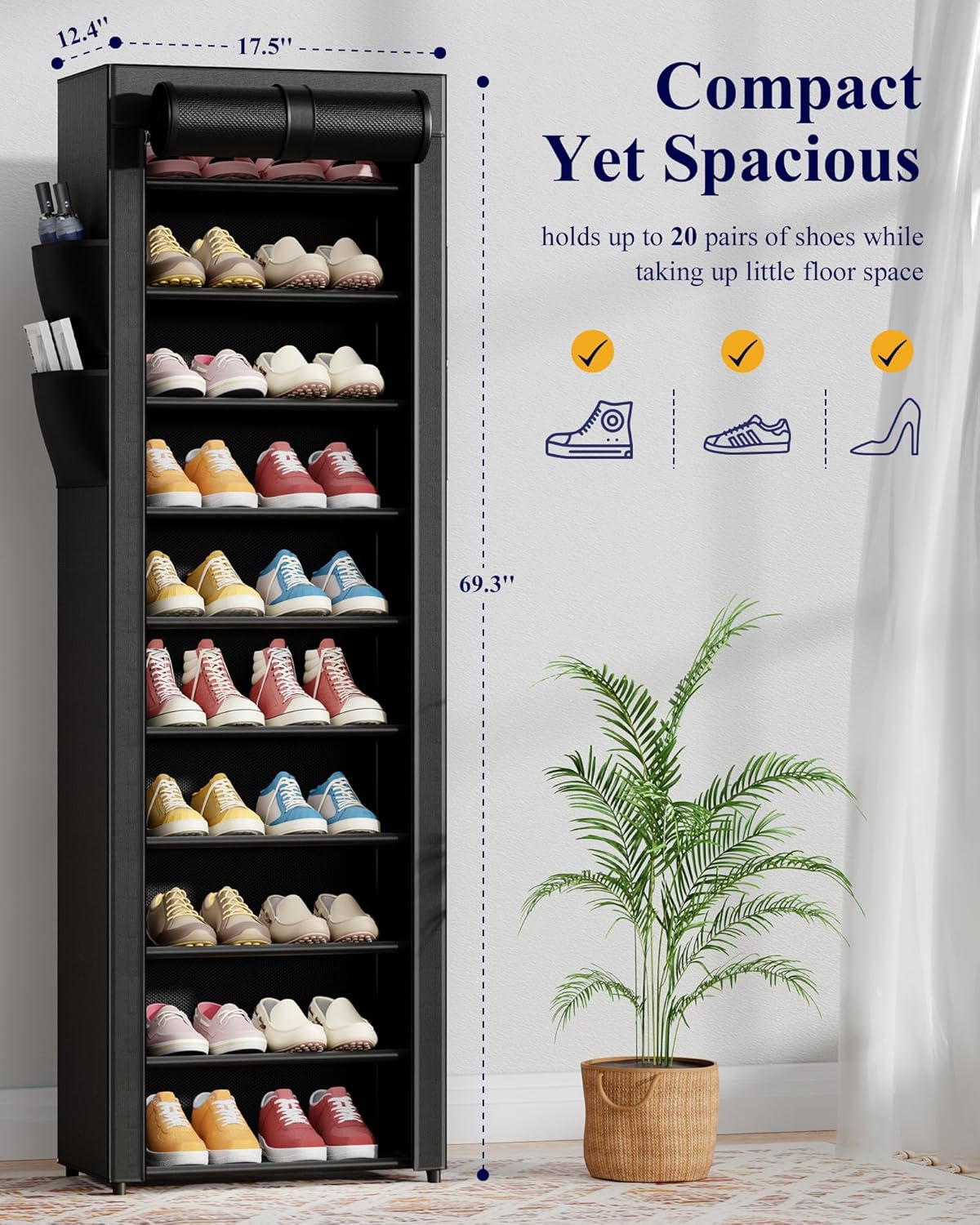 Kitsure Shoe Rack - 10-Tier Large Capacity Shoe Organizer Shelf with Dust Cover & Side Pockets, Rust-Proof Metal Shoe Rack for Closet, Entrance, Living Room, 17.5" x 12.4" x 69.3", Black