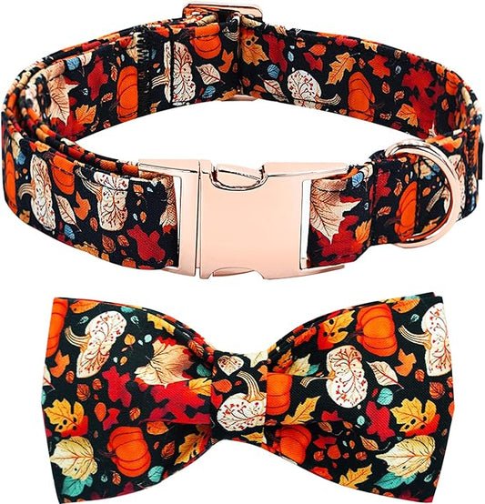 Fall Dog Collar, Leaf Pumpkin Print Adjustable Pet Collar Cute Cotton Soft Collars with Bow Tie Metal Buckle Holiday Puppy Collars Boy&Girl Gift for X-Large Dogs