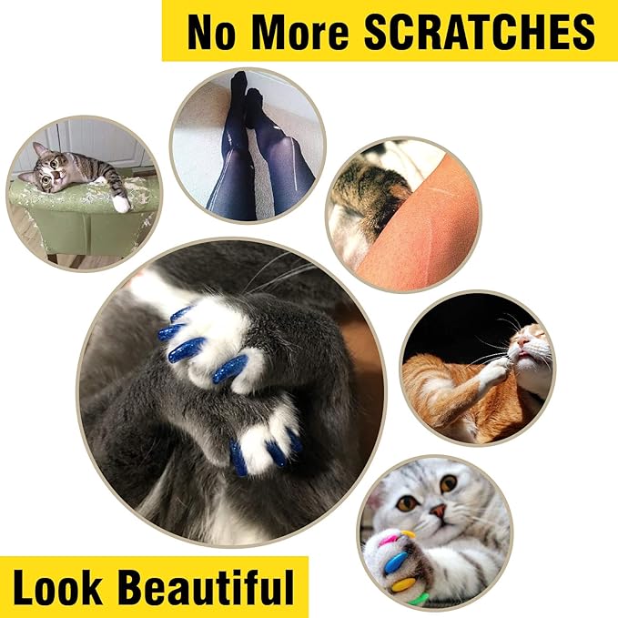 zetpo 100 pcs Cat Nail Caps | Cat Claw Covers | with Adhesives and Applicators (XS, 5X Blue Glitter Shades)