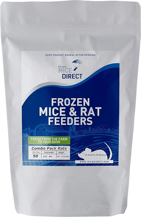 MiceDirect Frozen Rat Combo Pack Rat Smalls & Rat Mediums Feeders Snake Food for Reptiles, 40 Ounce (50 Count)