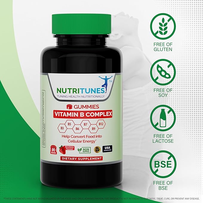 Vitamin B Complex Gummies (90 Count) - Vitamin Supplement for Energy Metabolism & Brain Health Support - Non-GMO & Allergen-Free - Strawberry Flavor - 90 Day Supply