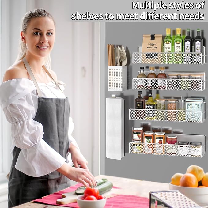 Magnetic Spice Rack for Refrigerator, 6 Pack Metal Magnetic Shelf White, Moveable Spice Organizer, Strong Magnetic Storage Fridge Organizer with Paper Towel Holder, Utensils Holder