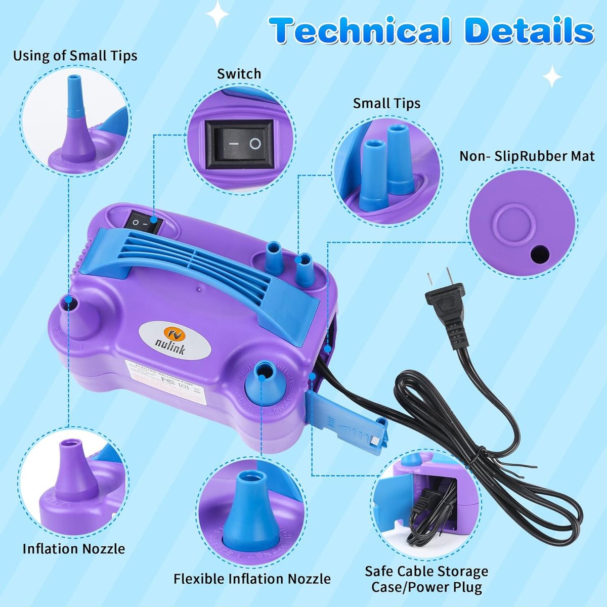 NuLink Balloon Pump Electric Portable Dual Nozzle Air Pump for Balloons Blower Pump Inflator for Decoration, Birthday Party [110V~120V, 600W, Purple]