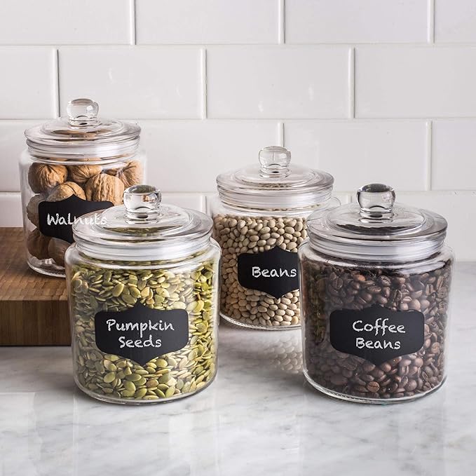 1 Gallon Glass Cookie Jars + Labels & Marker - Set of 2 Canister Sets for Kitchen Counter with Airtight Lids, Sugar Packet Holders Food Storage Containers with Lids Airtight for Pantry, Flour, Sugar.