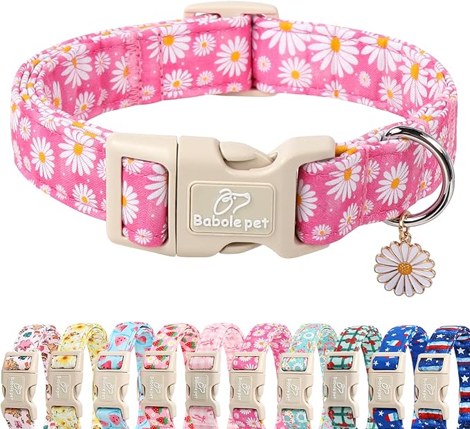 Summer Daisy Dog Collar, Cute Floral Adjustable Pink Dog Collars for Large Dogs, Lightweight Quick-Release Buckle Collar for Boy&Girl Dogs L