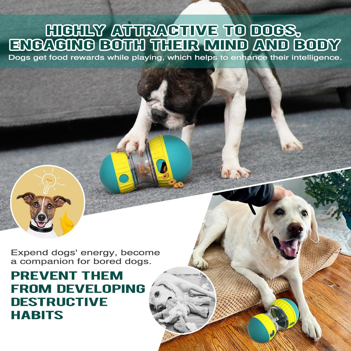 Dog Puzzle Toy Adjustable Treat Dispensing Ball Food Dispenser Tough Slow Feeder Puppy Enrichment Training Toy Pet Interactive Chase Toys for Small Medium Large Dogs to Keep Them Busy, Green