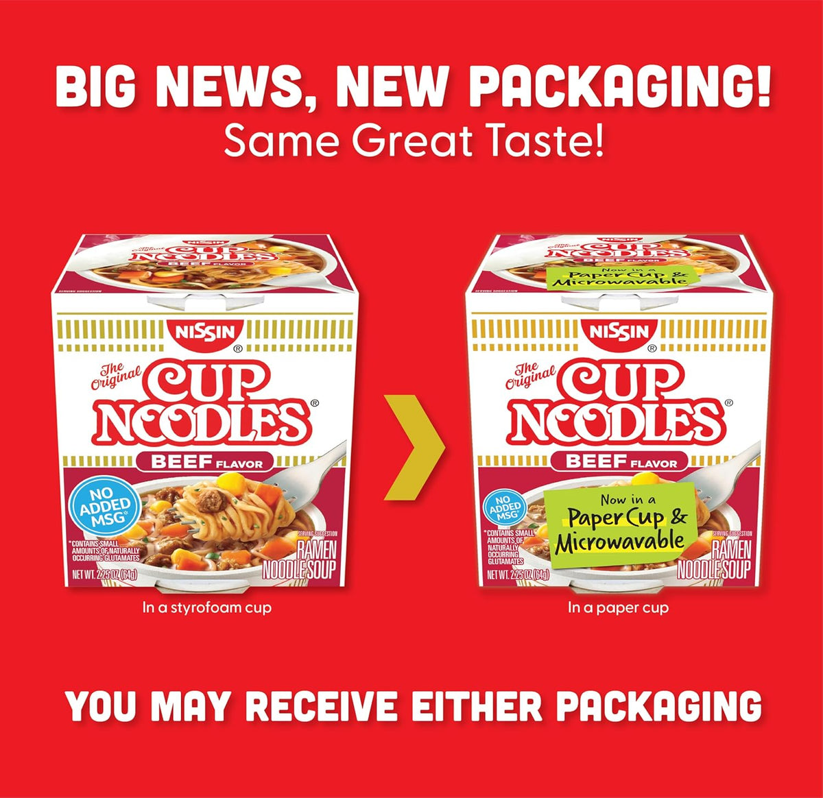 Nissin Cup Noodles Soup, Beef Flavor, Microwaveable Paper Cups, Instant Ramen, 2.25 Ounce (Pack of 12)
