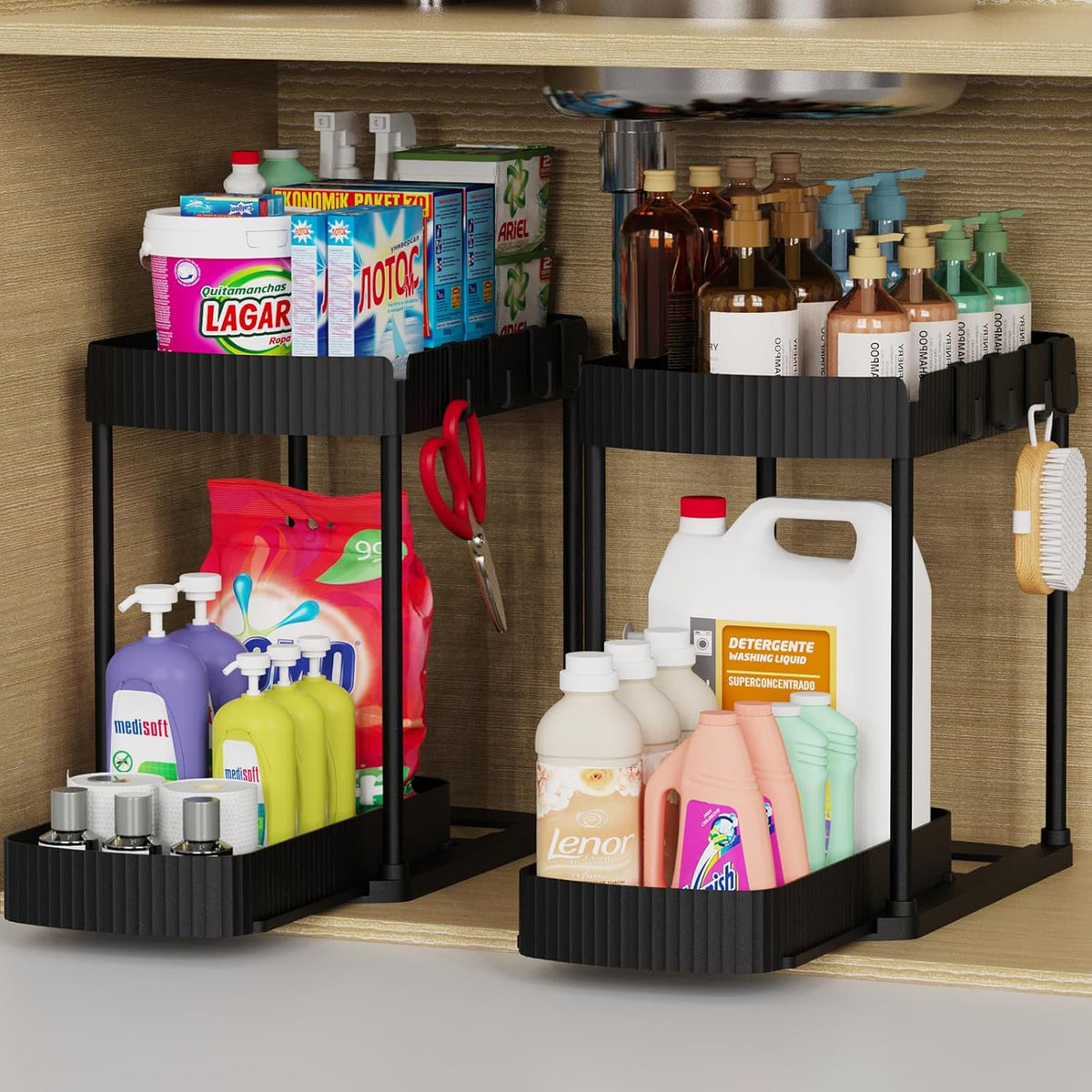 Ukeetap Multi-Purpose Pull-Out Storage Organizers, Under Sink/Cabinet Organizers and Storage for Bathroom & Kitchen, Black, 12.8 Inches, 2 Packs