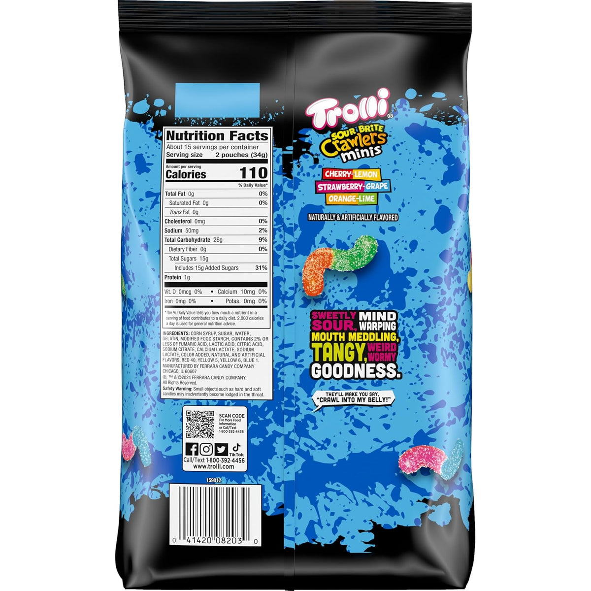 Trolli Mini Sour Brite Crawlers Candy, Cherry-Lemon, Strawberry-Grape & Orange-Lime, Sweet and Sour, Gummy Worms, 18 oz (30 ct)