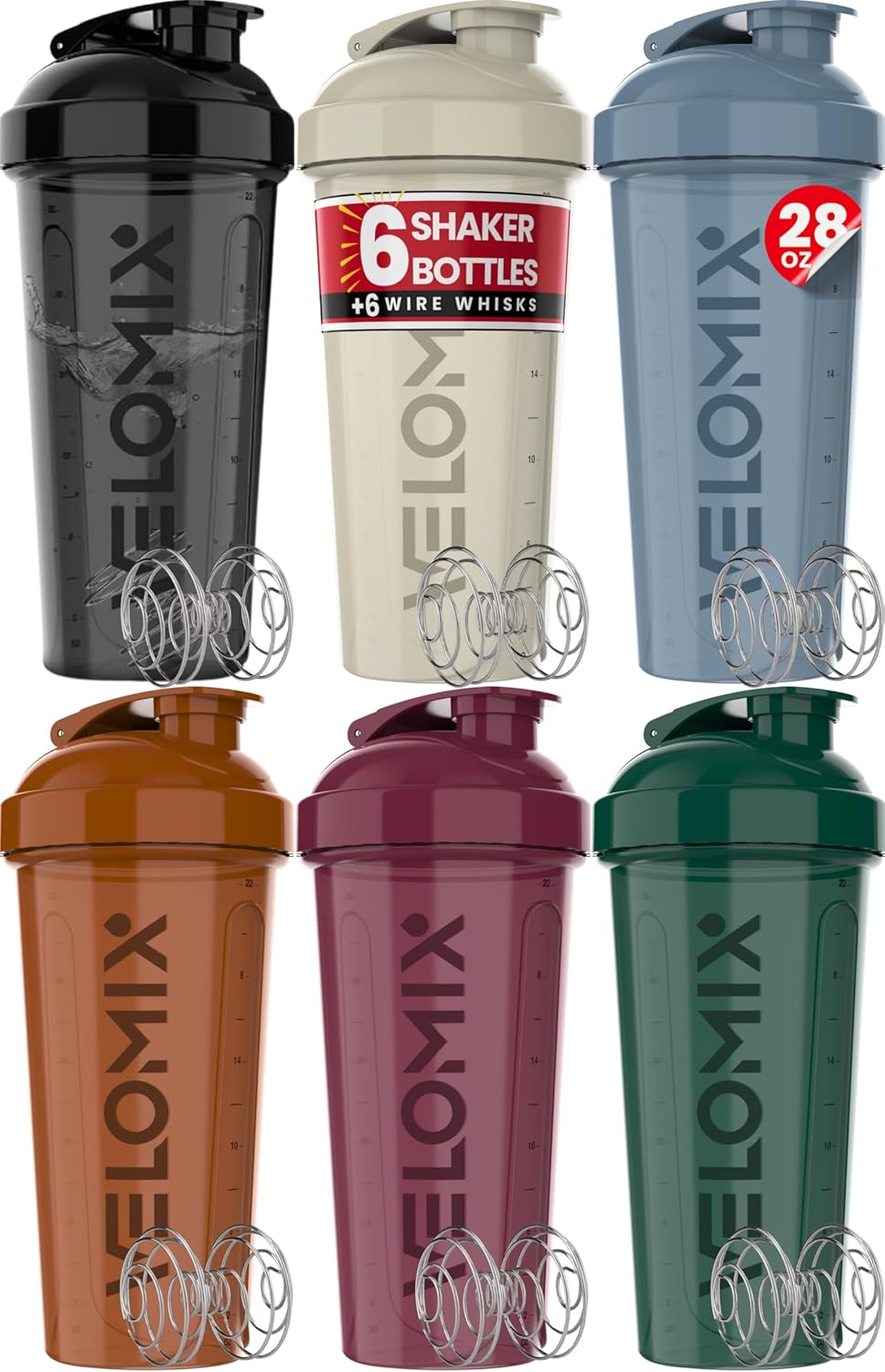 VELOMIX -6 PACK- 28 oz Protein Shaker Bottle for Protein Mixes - 6x Wire Whisk | Leak Proof Shaker Cups for Protein Shakes | Protein Shaker Bottle Pack | Protein Shake Cup (Earth Tones Collection)