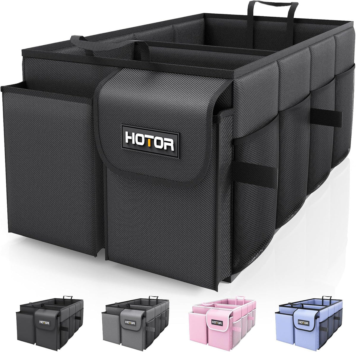 HOTOR Trunk Organizer - Car Organizer, Foldable Trunk organizer for SUVs & Sedans, Sturdy Car Organization for Car Accessories, Tools, Sundries, Black, 2 Compartments, 21.3"×12.6"×10.6"