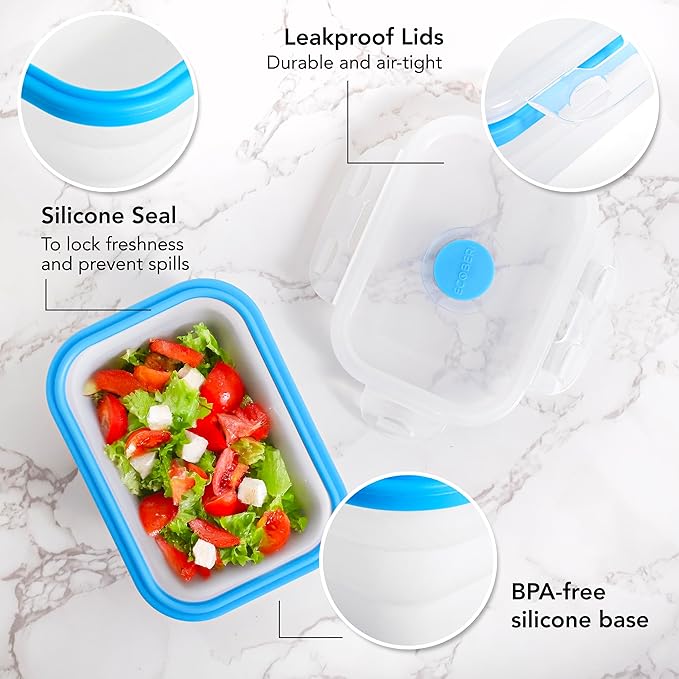 ECOBERI Collapsible Food Storage Containers, Silicone Small 8 Piece 12 oz Set, BPA-Free Food Storage with Airtight Lids, Space-Saving Lunch Containers, Freezer and Dishwasher Safe