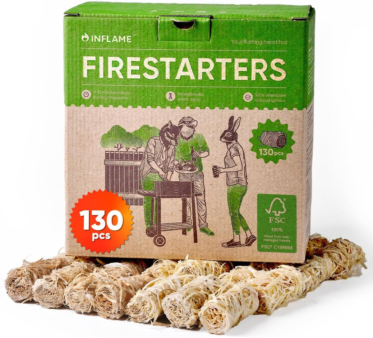 Inflame Fire Starters 130 pcs Fire Starters for Campfires, Grill, BBQ, Fireplace, Woodstove - Charcoal Starter - Waterproof, Weather-Resistant - Natural Wood Fireplace Starters