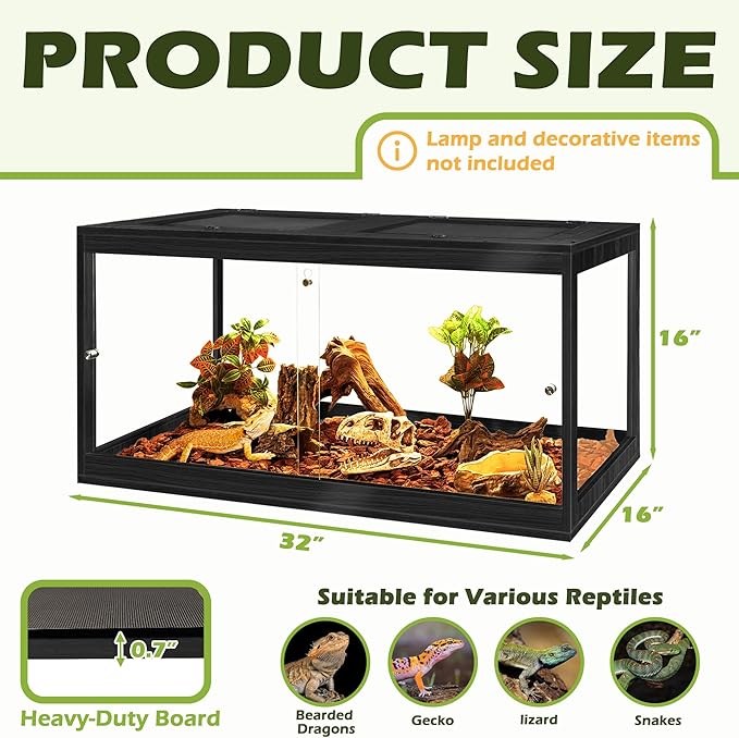 PROLEE Bearded Dragon Tank,34 Gallon Reptile Tank with Meatl Mesh Roof and Front Sliding Door,Lizard Tank,Spacious Reptile Enclosure for Snakes,Lguanas, Chameleons (Black)