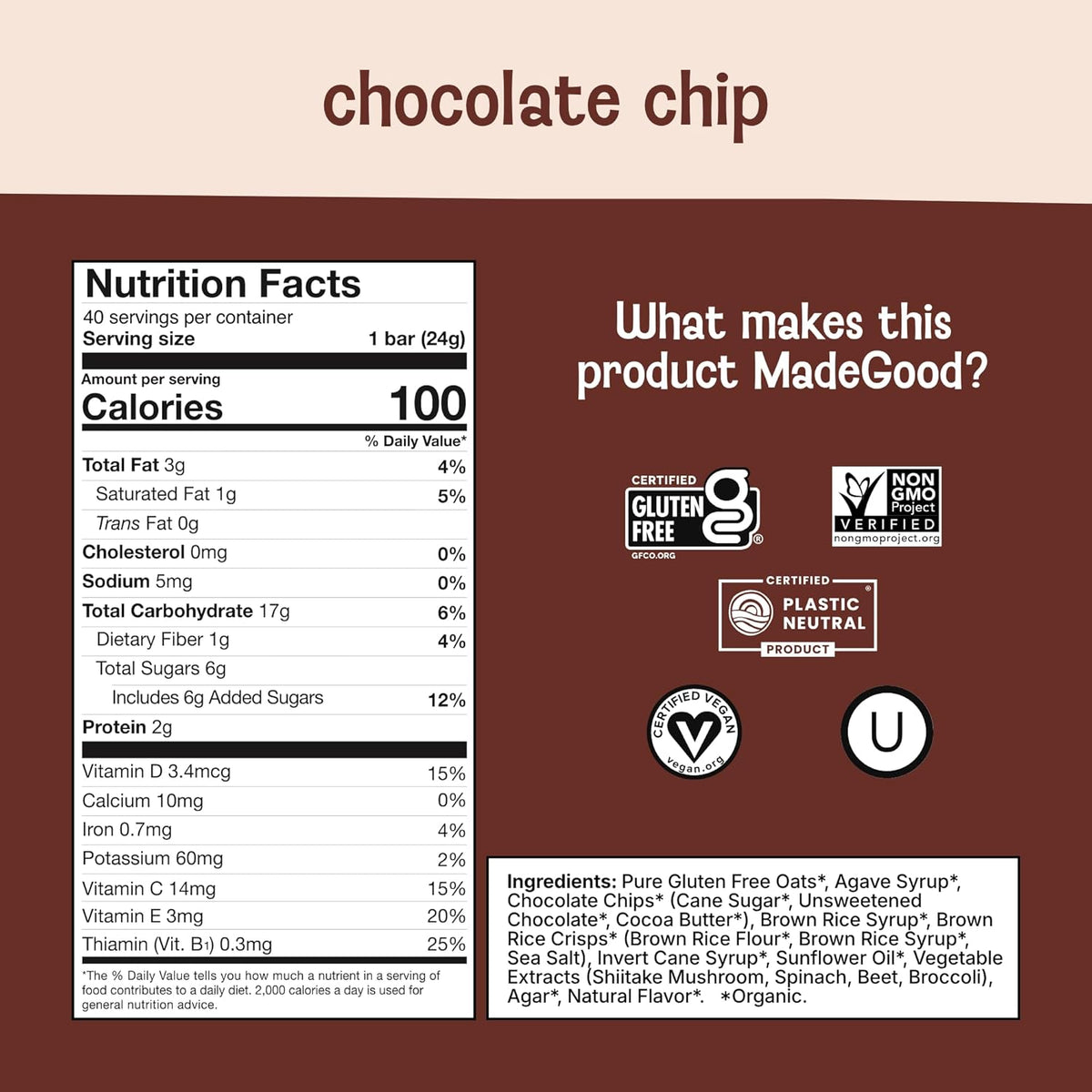 MadeGood Chocolate Chip Granola Bars, 40 Count (0.85oz Each) Contains Nutrients from Vegetables, Gluten Free Snacks