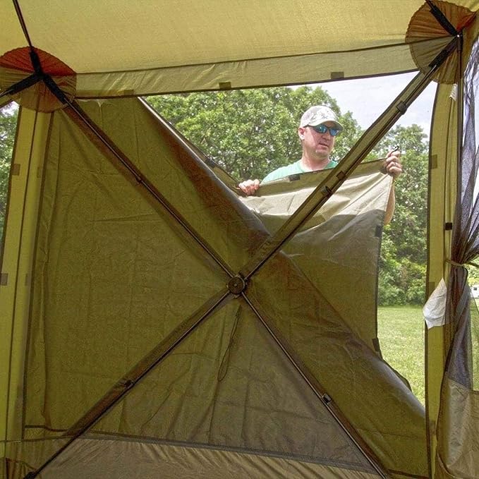 CLAM Quick-Set Escape 11.5 x 11.5 Ft Portable Pop-Up Outdoor Camping Screen Tent 6-Sided Canopy Shelter w/Carry Bag & 6 Sun and Wind Panels, Green