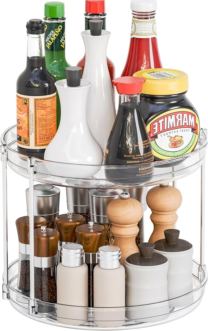 2 Tier Lazy Susan Turntable for Cabinet,Countertop,Pantry,9.5"W Spinning Seasoning Organizer,Double Rotating Kitchen Spice Rack Organizer and Condiments,Medicine,Vitamin Bottle Organizer Carousels,1Pc